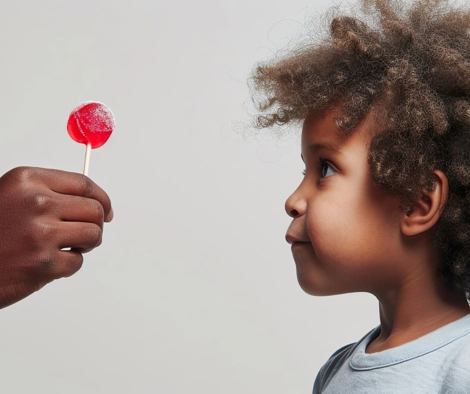 child being tricked with candy