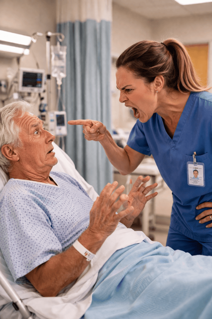 Agitated hospital visitor shouting and pointing at a nurse beside a patient's bed, illustrating workplace violence risk for healthcare staff