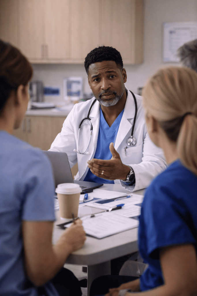 Doctor speaking seriously with two nurses at a table during a safety briefing or team discussion in a healthcare setting
