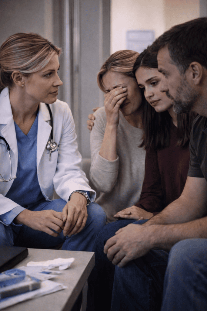 Doctor sitting with a grieving family, comforting a distressed mother, daughter, and father in a hospital waiting area