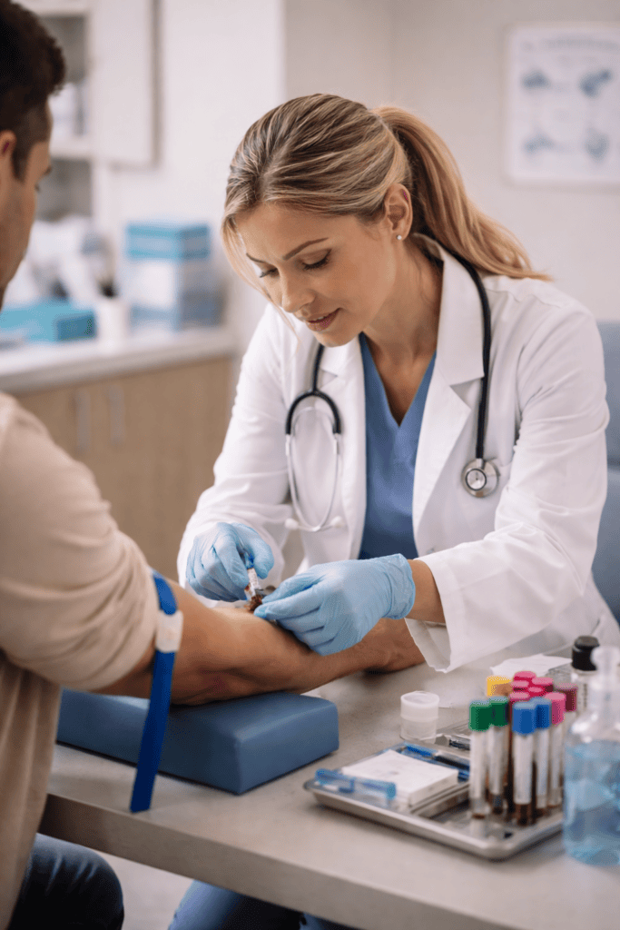 Doctor wearing gloves drawing a blood sample from a patient's arm with labeled collection tubes on a tray, illustrating needlestick and infection control risks