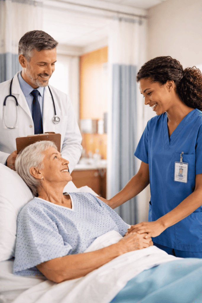 Doctor and nurse smiling and caring for an elderly patient in a hospital bed, reflecting a positive and safe healthcare workplace culture